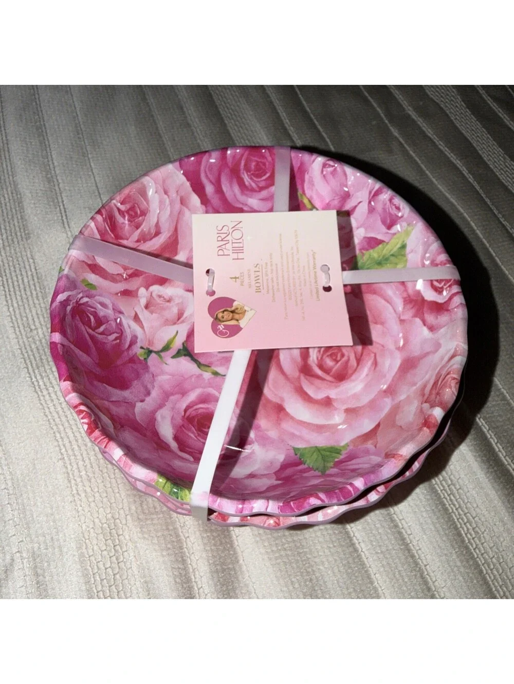 Paris Hilton Jadore Pink Rose Bowl Set 4pc Melamine Scalloped Floral